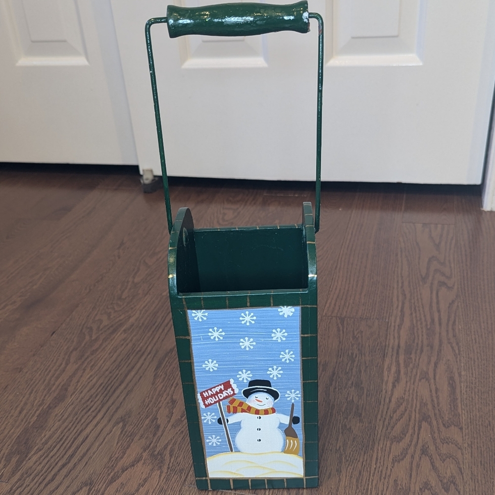 Snowman Wooden Box with Wood & Metal Handle Happy Holidays Tree Snow